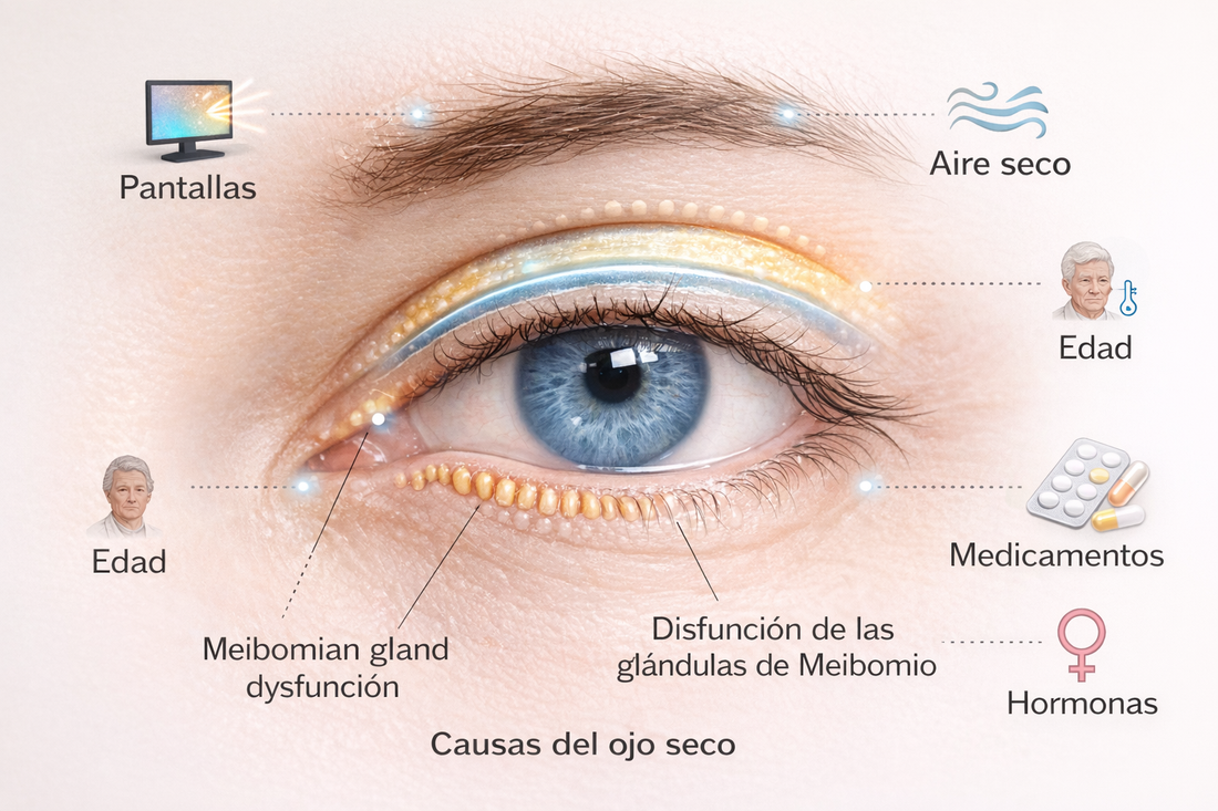 Causas del ojo seco ilustradas en un ojo humano, incluyendo factores de riesgo como disfunción de las glándulas de Meibomio, pantallas y edad.