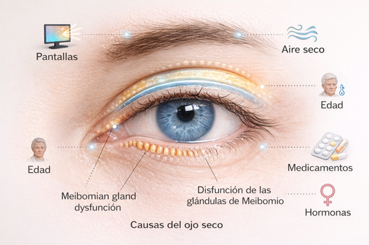 Causas del ojo seco ilustradas en un ojo humano, incluyendo factores de riesgo como disfunción de las glándulas de Meibomio, pantallas y edad.