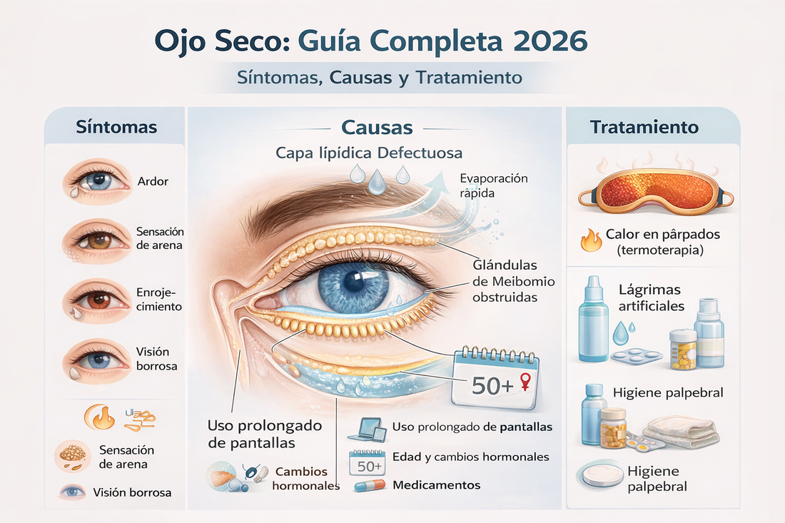 Infografía sobre el ojo seco que muestra síntomas, causas y tratamientos, incluyendo disfunción de las glándulas de Meibomio, película lagrimal y termoterapia